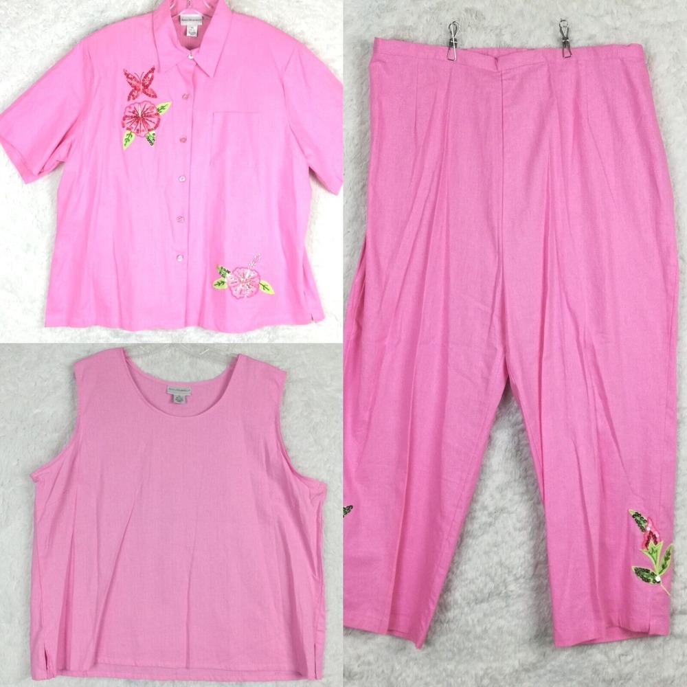 Anna Maxwell Womens Linen Pant Suit 3 Piece Pink Floral Sequins Plus‎ 4X New